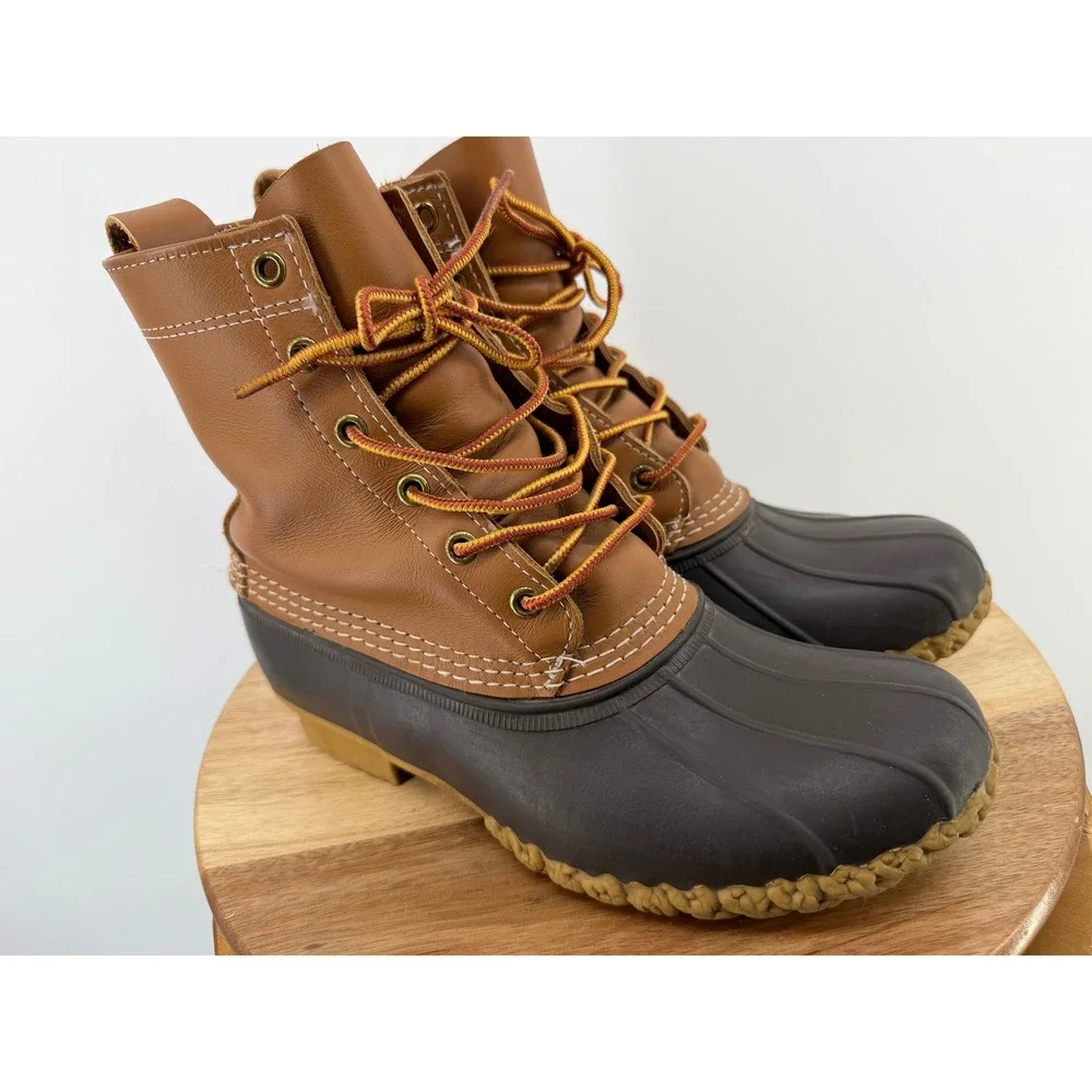 LL Bean Womens 8 Bean Boots Tan Brown Leather Rubber Duck Boots Made in USA